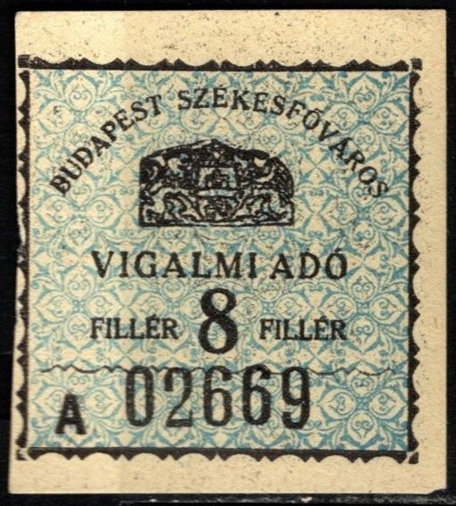 Vintage Hungary Revenue 8 Filler Budapest Local Entertainment Tax Stamps