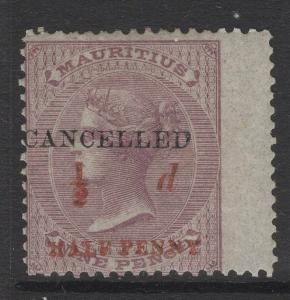 MAURITIUS SG78 1876 ½d on 9d DULL PURPLE OVERPRINTED CANCELLED MTD MINT