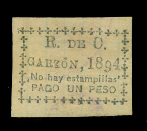 COLOMBIA 1894 - Garzon - Emergency /Provisional  1peso blk Yv# 3 mint MH scarce