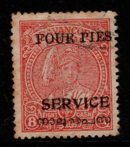 INDIA-TRAVANCORE-COCHIN SGO2 1949 4p on 8ca CARMINE p12½ USED