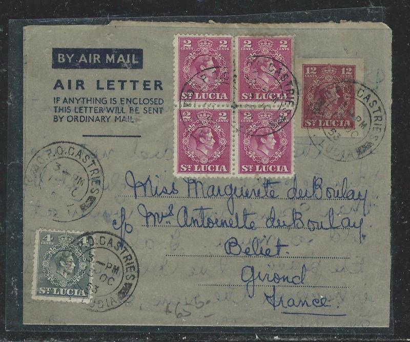 ST LUCIA (P2006B) KGVI 12C AEROGRAMME +2C BL OF 4+4C TO FRANCE WITH MSG