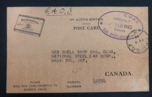 1943 Fieldpost Army Canada Postcard OAS Cover to New Shell Cigar Shop Hamilton