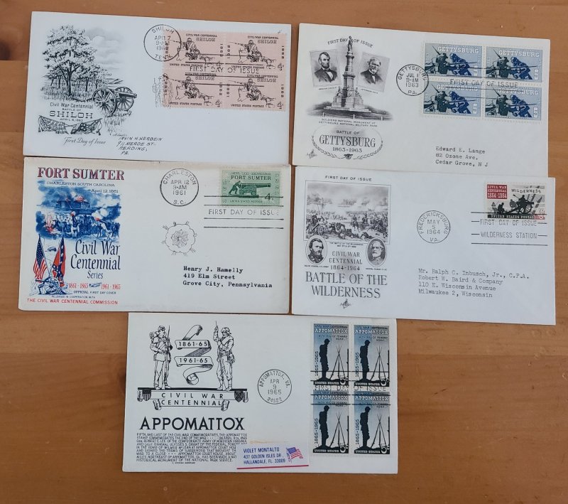 Scott # 1178-1182 Civil War Centennial Complete Set Of 5 First Day Covers