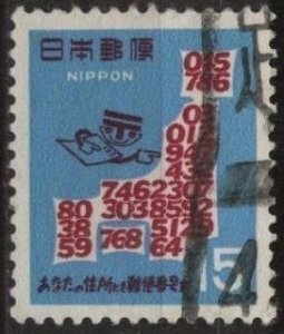 Japan 958 (used) 15y postal code, sky bl & car, Type I (1968)