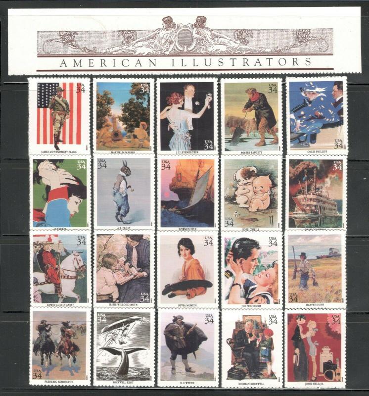 3502 (a-t) American Illustrators Complete Set W/ Header & 20 Singles MNH 