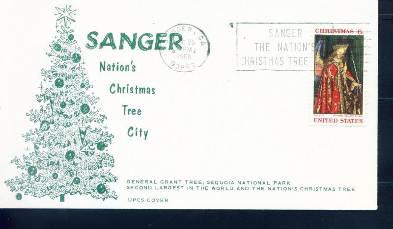 US Cvr 1968 Sanger CA Christmas Cancel Xmas Tree Angel