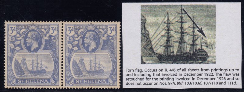 St. Helena, SG 101b, MNH pair (light toning) Torn Flag variety