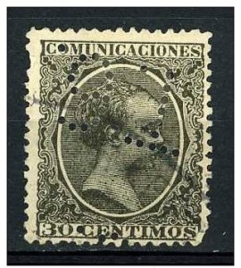 Spain 1889 - Scott 264, Perfin T6 used - King Alfonso XIII