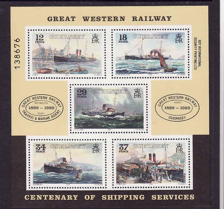 Guernsey-Sc#415a-unused NH sheet-Ships-Trains-Great Western-1989-