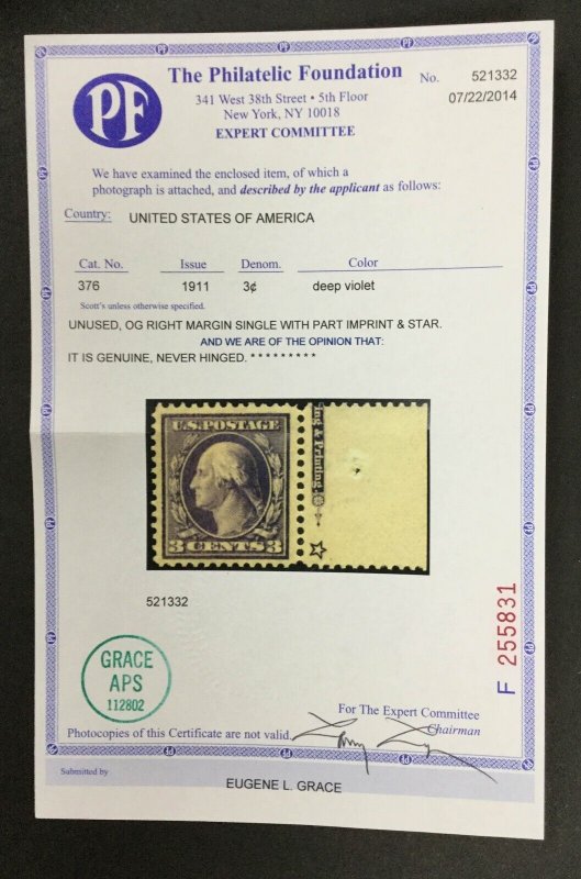 MOMEN: US STAMPS #376 MINT OG NH VF+ PF CERT LOT #89173