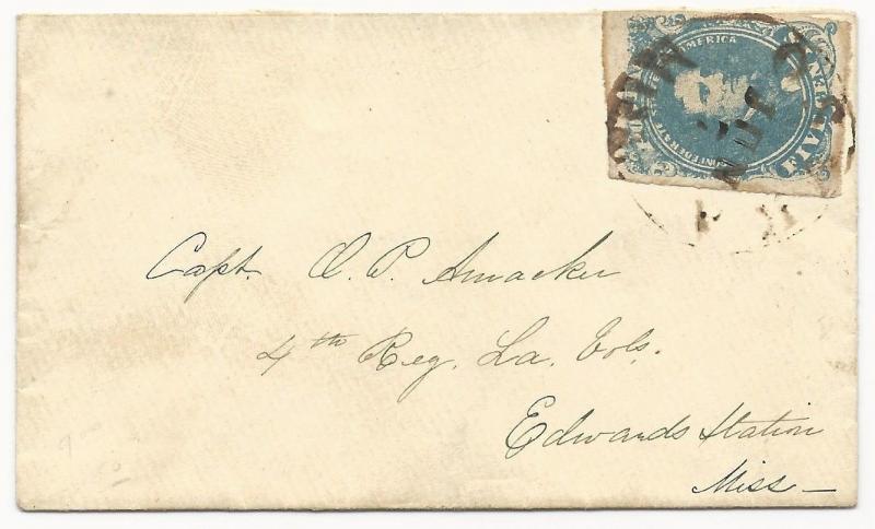 CSA Scott #4 Stone 2 on Cover Osyka, MS June 7 (1862) Military Address VF