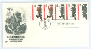 US 2843-47 1994 Locomotives booklet pane of 5; u/a FDC with artcraft cachet.