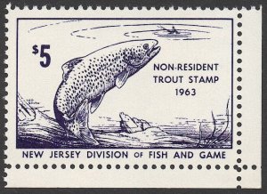 US New Jersey 1963 $5 Non-Resident Trout Fishing License stamp, Mint NH VF