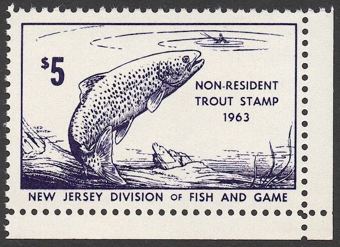 US New Jersey 1963 $5 Non-Resident Trout Fishing License stamp