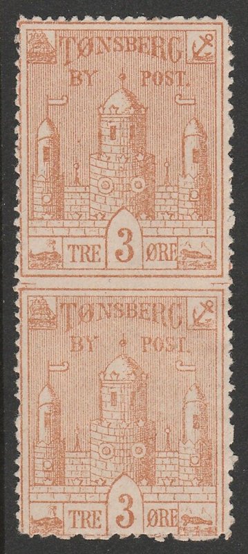 NORWAY Tonsberg Bypost (Local Post) 1884 Castle 3o pair, error IMPERF between.