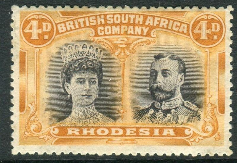 RHODESIA-1910-13 4d Black & Orange.  A mounted mint example Sg 140