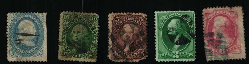 Scott# 63, 68, 76, 136A, 148 - Used - Damaged Fillers - 1861 to 1870