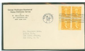 US 715 1932 10c Washington (high value of the Washington Bicentennial series) block of four on an addressed first day cover with