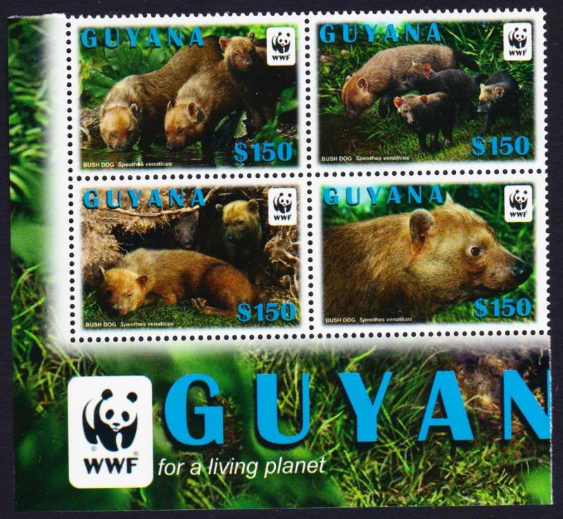 Guyana WWF Bush Dog Block of 4v with WWF Logo T2