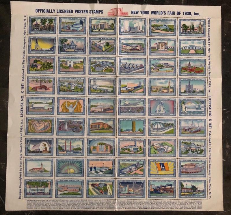 USA Oficial Licensed Poster Stamps New York World Fair Of 1939 Mint Unused