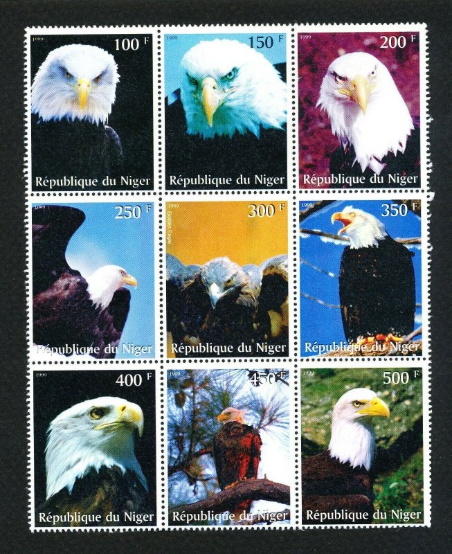 NIGER - block of 9 VFMNH - BALD EAGLE bird topical