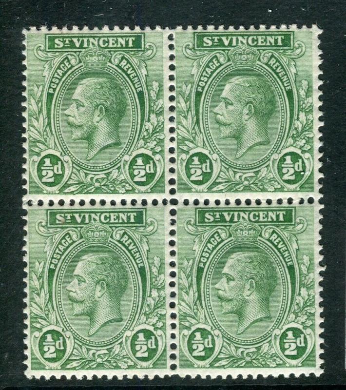 ST. VINCENT; 1921 early GV issue fine Mint hinged 1/2d. Block of 4