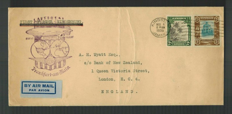 1936 Kingston Jamaica Hindenburg Zeppelin Cover to England Bank of New Zealand