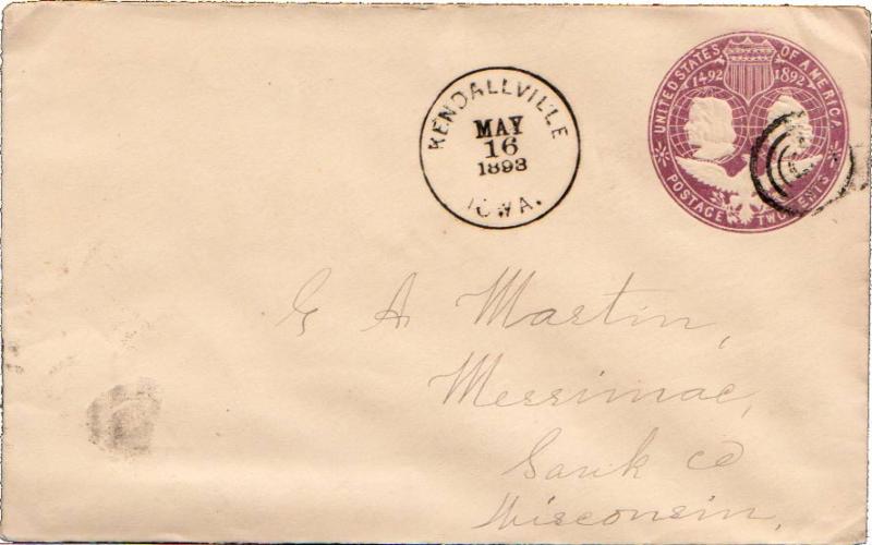 United States Iowa Kendallville 1893 target  1874-1915  2c Columbian Envelope.