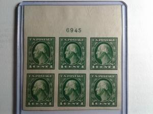 SCOTT # 408 WASHINGTON IMPERFERATED PLATE BLOCK OF 6 MINT LIGHTLY HINGED 1912