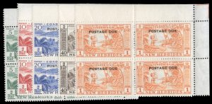 New Hebrides #J11-15 Cat$108, 1953 Postage Dues, complete set in blocks of fo...