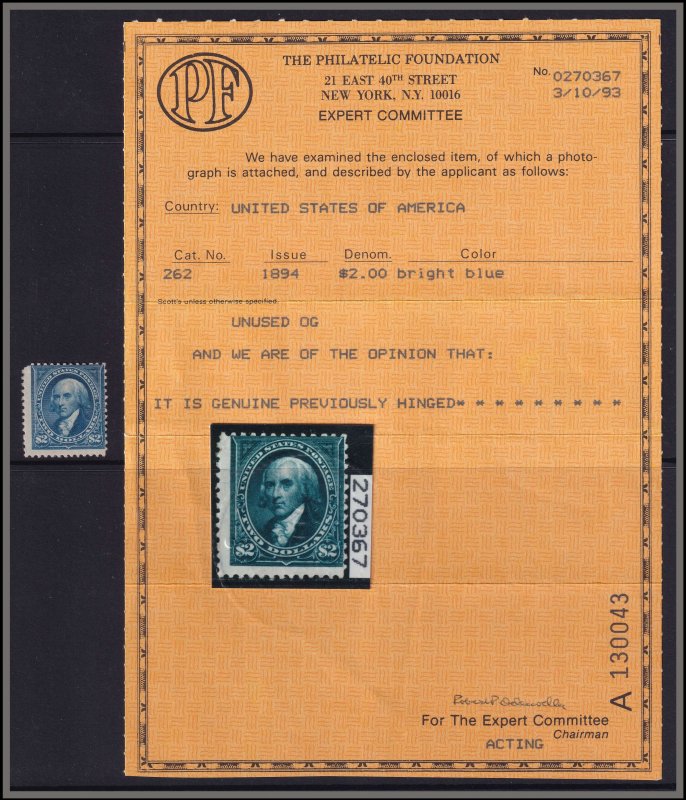 #262 Mint OG, Fine, PF cert #0270367 (CV $2750 - ID49447) - Joseph Luft