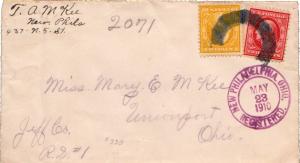 United States Ohio Philadelphia Registered 1910 violet double ring  2c and 10...