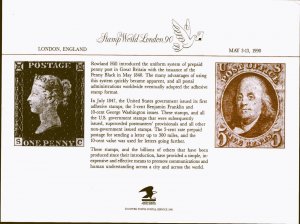 Stamp World London 90  Penny Black 1840 & Ben Franklin 1847 USPS 6x8 Card