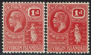 BRITISH VIRGIN ISLANDS 1922 KGV ST URSULA 1D BOTH COLOURS MNH **