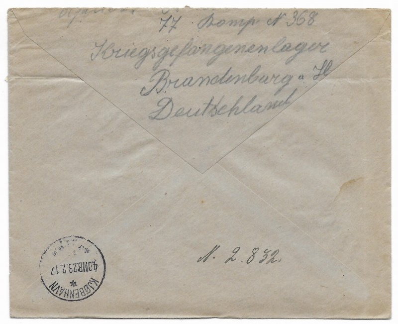 World War 1 Havel 1917 Registered Kriegsgefangenensundung to Denmark, Scott 72