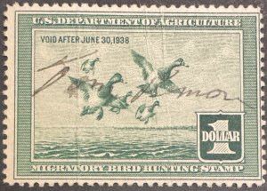 1937 RW4 $1 Migratory Bird Hunting Stamp – Signed Used – Avg/Fine