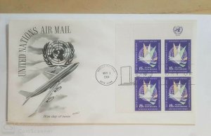 US , FDC 1964  UNITED NATIONS    ,,  AIR MAIL STAMP ,,BKL OF 4  HOR  25  CENT