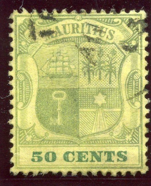 Mauritius 1902 KEVII 50c dull purple & deep green/yellow VFU. SG 152. Sc 111.