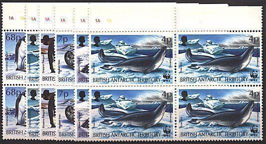 BR ANTARCTIC TERRITORY 1992 WWF penguins whales set MNH blks of 4.........93788A