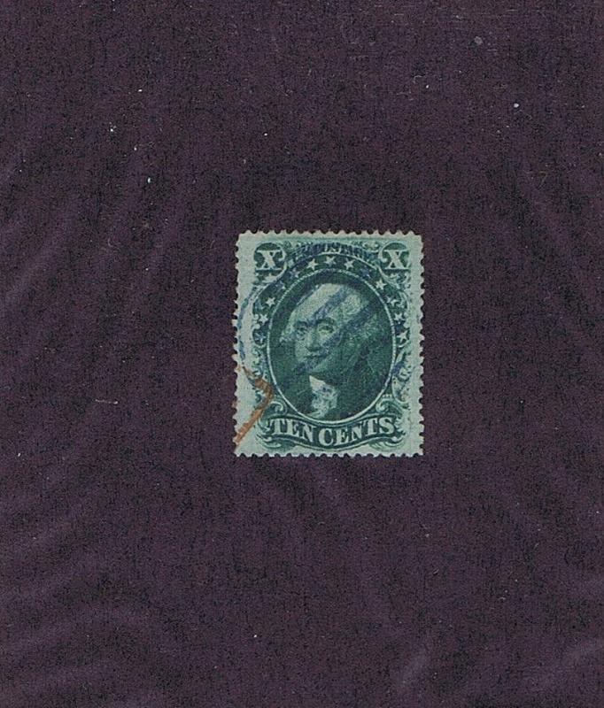 SC# 35 USED 10c WASHINGTON, 1859, BLUE GRID & RED TRANSIT CANCELS PF CERT