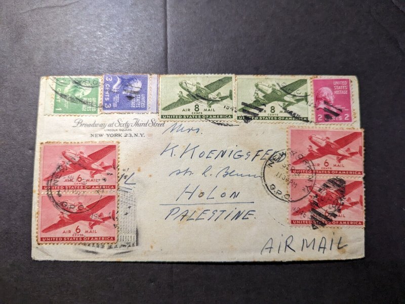 1946 USA Airmail Cover New York NY GPO to Holon Palestine