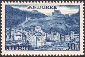 Andorra (French) #136  MOG - 30fr dp blu Village of Les Bons (1955)