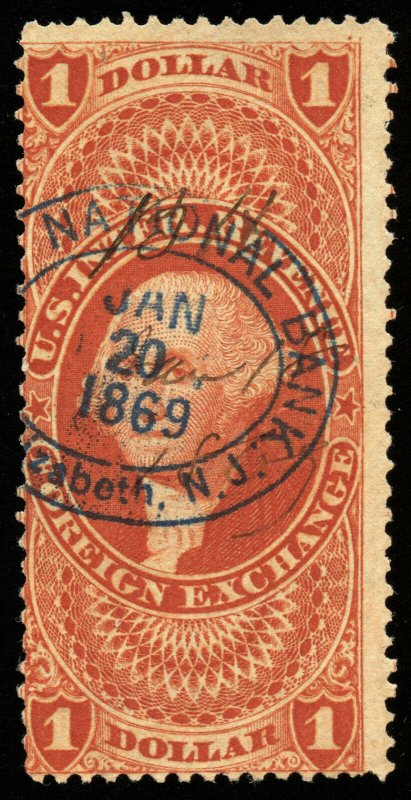 B626 U.S. Revenue Scott #R68c $1 Foreign Exchange, 1869 oval bank handstamp cxl