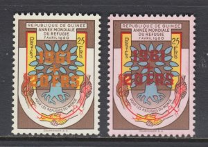 Guinea Sc B17 & B17 var MNH. 1961 World Refugee Year, 2 colors, 2 surcharges, VF