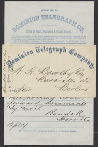 1873 Dominion Telegraph Co Cover With Telegram Hespeler to Berlin Waterloo Cty