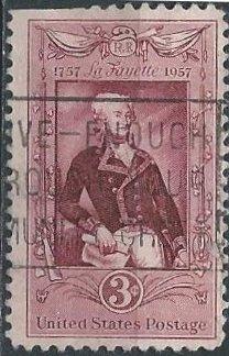 US 1097 (used, clipped at top) 3¢ Lafayette (1957)