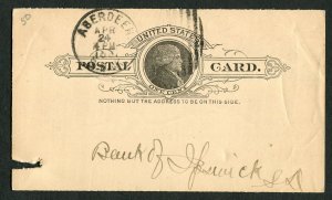 1891 Aberdeen SD to Ipswich SD Postal Card Bank of Ipswich 1c Jefferson S. Dak.