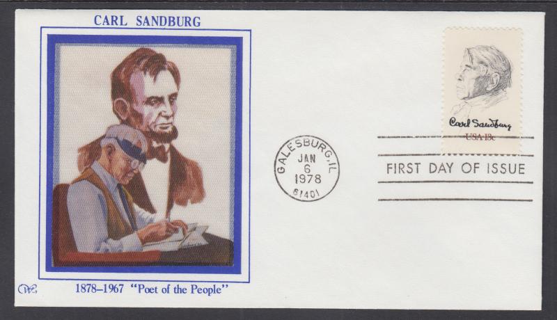 US Planty 1731-S FDC. 1978 13c Carl Sandburg, Western Silk First Cachet, F-VF