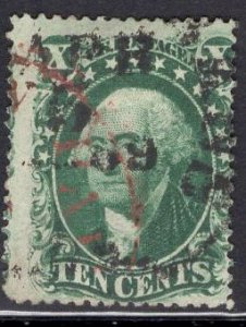 US Stamp #33 10c Washington USED w/ + $35 Red Cancel SSCV $215