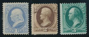 #156, 157, 158 1c, 2c 3c FINE UNUSED (NO GUM) CV $455 AU854